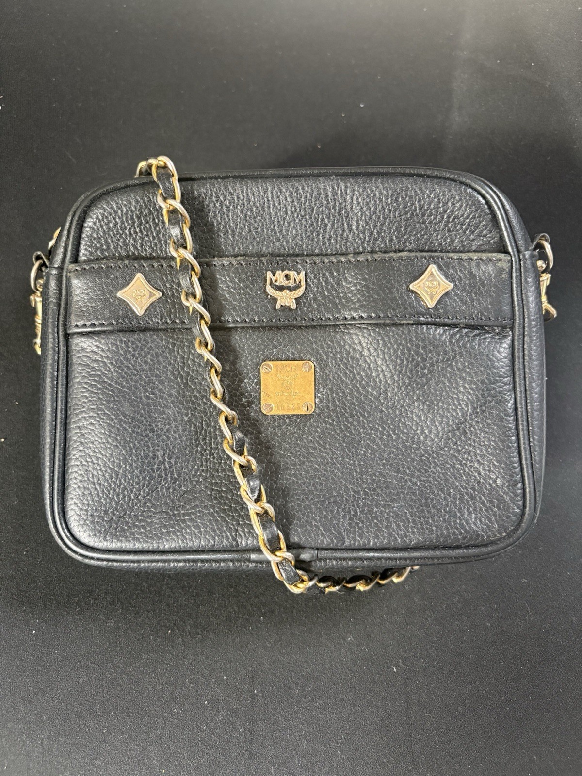 Mcm Vintage Black Leather Studded Chain Crossbody Camera Bag