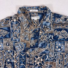 Pierre Cardin Shirt Mens XL Blue Geometric Fish Allover Print Short Sleeve