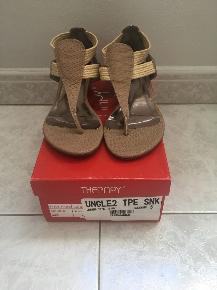 Therapy Jungle2 Women’s AU 5 Beige Snake Skin Embossed Strappy Wedge Sandal