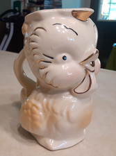 Vintage Owl Bird Ceramic Pitcher Creamer 1950s MCM Glazed Handle Gold White 6"