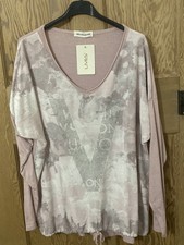 Ladies Italian cotton style V neck top pink  silver design 10-14