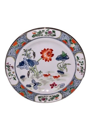 Vintage Chinese Famille Rose Style Hand Painted Enamel Fish Pond Floral Plate