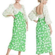 RIXO Green Floral Midi Dress Puff Sleeve Open Back Cottagecore Boho Size 6