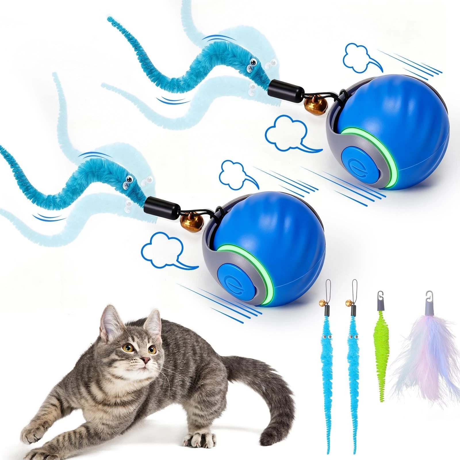 Interactive Cat Toy Balls - 2 Pack Automatic Rechargeable Toys with 3 Tails, 2 S