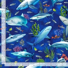 Nautical Fabric | Coral Reef Shark Fish Allover Blue | Timeless Treasures YARD