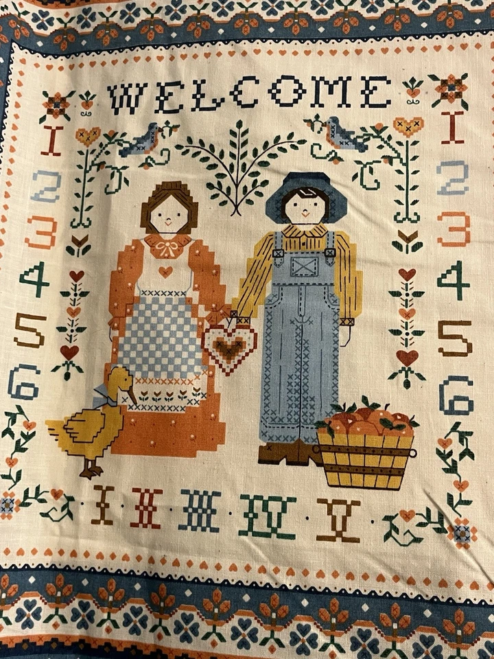 Cranston Welcome Fabric Panel Faux Cross Stitch Sampler Farmers House 4 Squares - Image 2 of 4