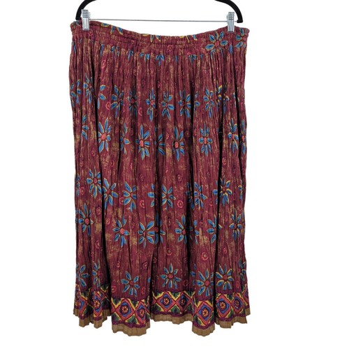 Vintage Petite Midi Skirt XLP Maroon Crinkle Cotton Floral India Boho Gypsy - Picture 7 of 10