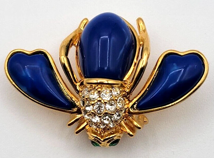 JOAN RIVERS BROCHE PRENDEDOR ABEJA PAVÉ CRISTAL ESTRÁS AZUL LUCITE FIRMADO TONO DORADO Foto 2 de 4