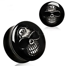 PAIR-Skulls Metallic on Black Acrylic Double Flare Ear Plugs 12mm/1/2" Gauge 