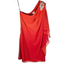 Cache Vintage One Shoulder Rhinestone Flowy Chiffon Dress Red Orange Ombre Sz 0