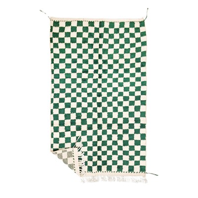 Moroccan Handmade Beniourain Rug 5x8'2 Berber Checkered Green Wool Rug