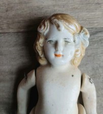 Antique Miniature All Bisque Wrestler Body Doll Hair Bow Vintage Porcelain 
