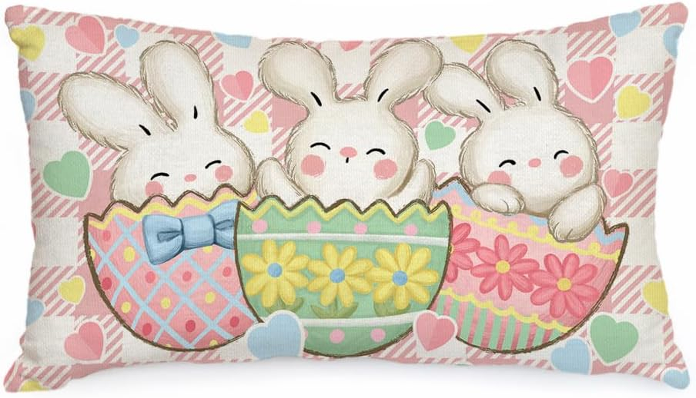 Easter Bunny Eggs Buffalo Plaid 12x20 Inch Decorative Pillow Case