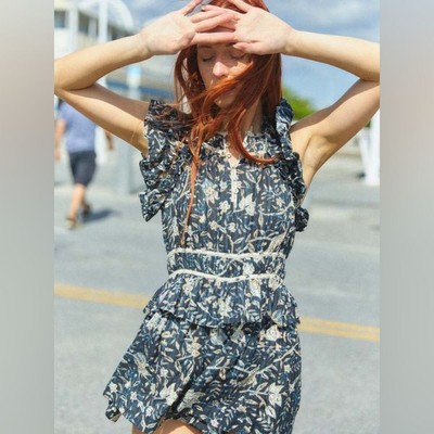 $455 Ulla Johnson Endah Playsuit blue floral romper mini dress ruffle yellow