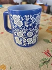 Vtg Federal Blue Calico Coffee Mug D Handle White Flowers Blue Background Pretty