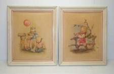 2 Vintage Children Illustration Framed Art Prints 3-D Effects From 1940’s