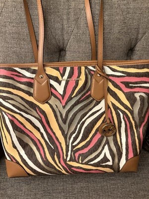 Michael Kors Zebra Print Large Tote Brown Double Handles Open, Lined Charm