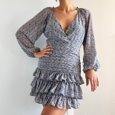 ASTR The Label | Blue floral ruched long sleeve v-neck ruffle mini dress | Sz M