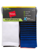 Hanes Boys Socks Size S 4.5-8.5 X Temp Performance Crew 10 Pack Arch Support