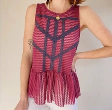Free People Womens Tank Top Beet Red Medium Crochet Knit Lace Striped Cut Out