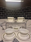 Vintage Pyrex Spring Blossom Green Tea Cup & Saucer Set + Creamer (Crazy Daisy)