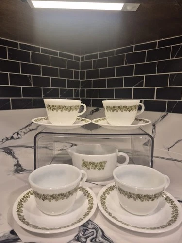 Vintage Pyrex Spring Blossom Green Tea Cup & Saucer Set + Creamer (Crazy Daisy)