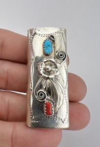 Vtg Navajo Sterling Silver Turquoise & Coral Stamped Lighter Case
