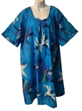 New Vintage 70s HAWAII NEI L Muumuu Classic Hawaiian Satiny Tie Blue Dress