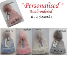 PERSONALISED BABY FUR POM POM HAT KNITTED WINTER WHITE PINK BLUE GREY GIFT 0-6M
