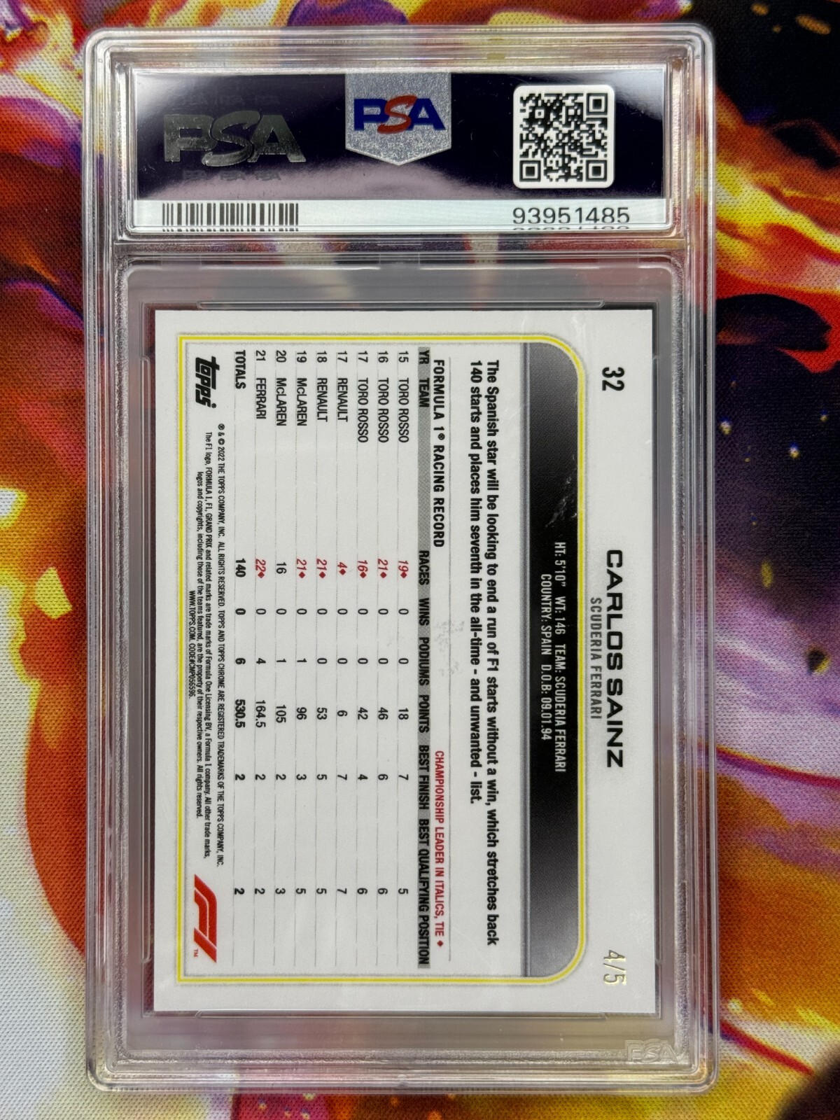 2022 Topps Chrome Formula 1- Carlos Sainz #32 Red Wave 4/5! PSA 10 GEM MINT! view 2