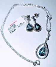 Lab Blue Gemstone Sterling Silver Teardrop Necklace & Earring Set, Valentines