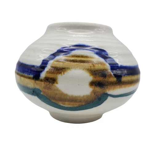 Studio Pottery Squat Vase Round Signed Hand Painted Arts & Craft Striped Pot