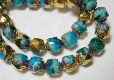 20 Capri Blue Turquoise Blend with Gold Cathedral Czech Glass 6mm beads