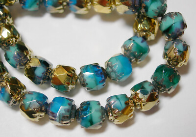 #ad #ad 20 Capri Blue Turquoise Blend with Gold Cathedral Czech Glass 6mm beads $5.49