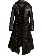 Handmade Mens Captain Hook Genuine Black Cowhide Long Trench Coat, Gift for him