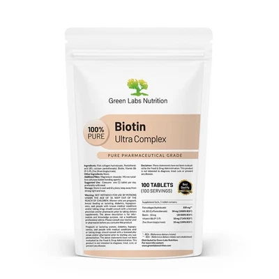 GREEN LABS NUTRITION Biotin Ultra Complex– Haare, Haut, Nägel, Biotin, Kollagen, Vitamin B6, B5, Zink