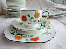 Heathcote  Art Deco 30's Bone China Trio, Cup Saucer & Tea Plate, Floral Design