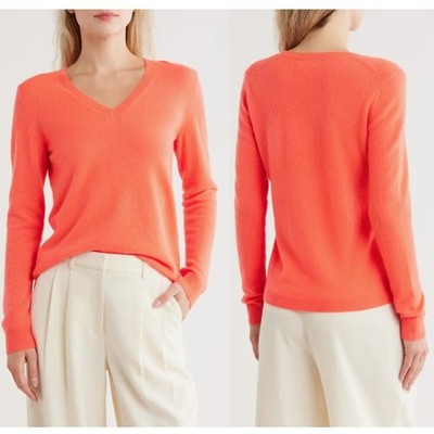 Halogen Cashmere V-Neck Orange Sweater Size S