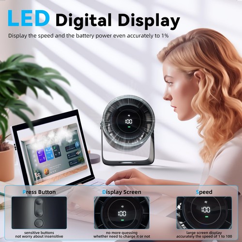 Desk Fan, Strong Airflow 100 Speeds Quiet Digital Display Rechargeable Batter... - Foto 3 di 7