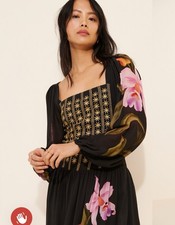 Farm Rio x Anthropologie Embroidered Goddess Orchid Long Sleeve Midi Dress
