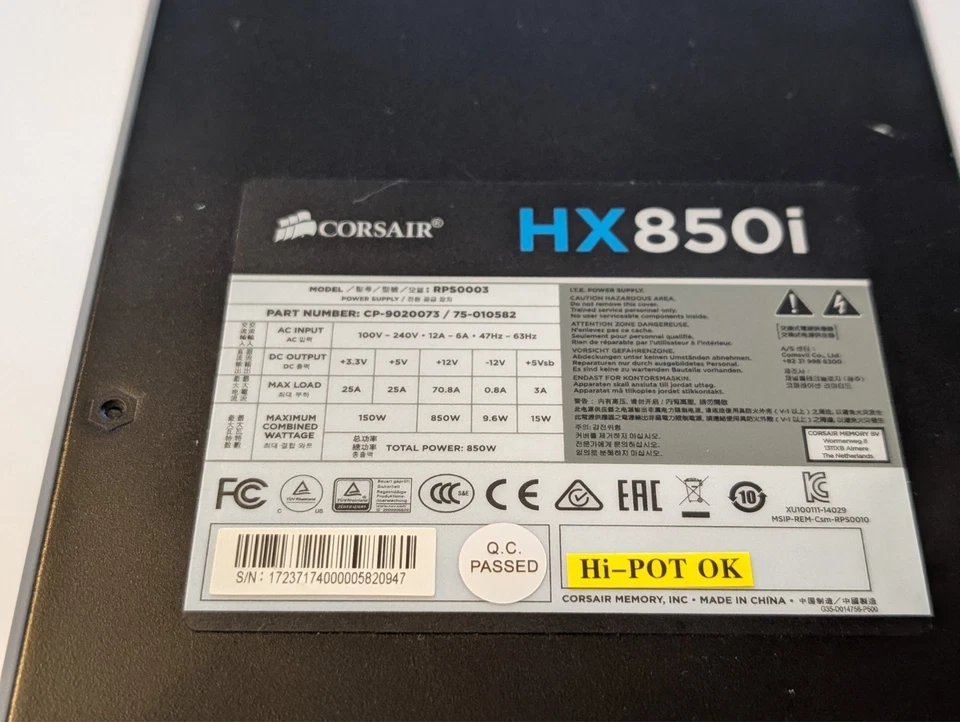 Corsair HXi Series HX850i 850W PSU - Black RPS0003 CP-9020073 75-010582 - Image 3 of 4