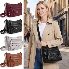 Women  s Soft Leather Crossbody Bag, Retro Multi-pocket Shoulder Handbag