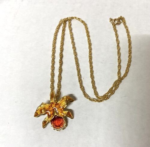 Pretty Enamel Pendant. Orchid Flower -Orange Enamel Necklace - Picture 1 of 4