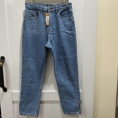 Nasty Gal Organic Denim Split Hem Mom Jeans Light Blue Size US 12 High Rise  NWT