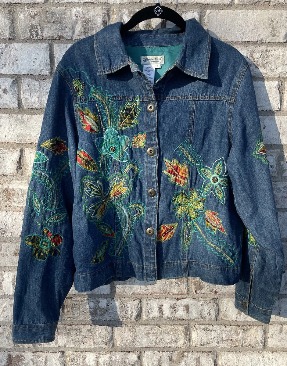 Coldwater Creek Womens Denim Jacket Size Small Embroidered Beaded