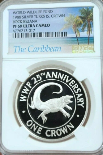 1988 TURKS & CAICOS SILVER 1 CROWN ROCK IGUANA NGC PF 69 ULTRA CAMEO SCARCE COIN