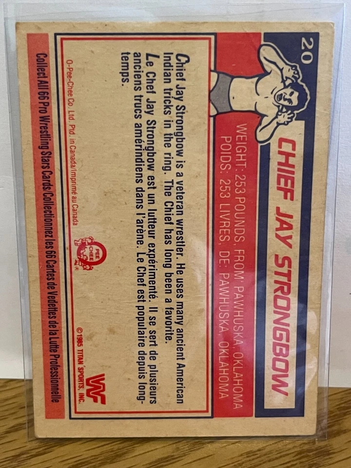 1985 O-pee-Chee WWF Wrestling Chief Jay Strongbow #20 - Image 2 of 2