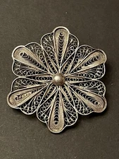 Vintage Large Round Silver Filigree Brooch Ornate Pin C-Clasp Not Marked