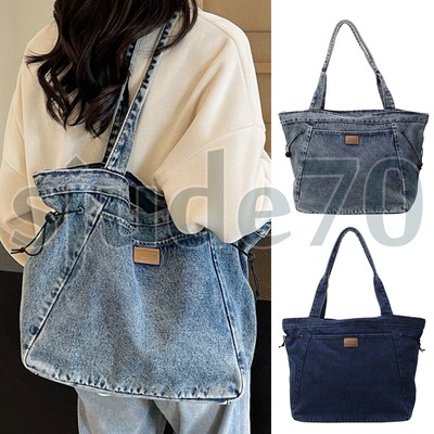 Large Denim Tote Bag For Women - Casual Retro Crossbody Shoulder Bag, Lightweight Canvas Handbag (C-Light Blue)