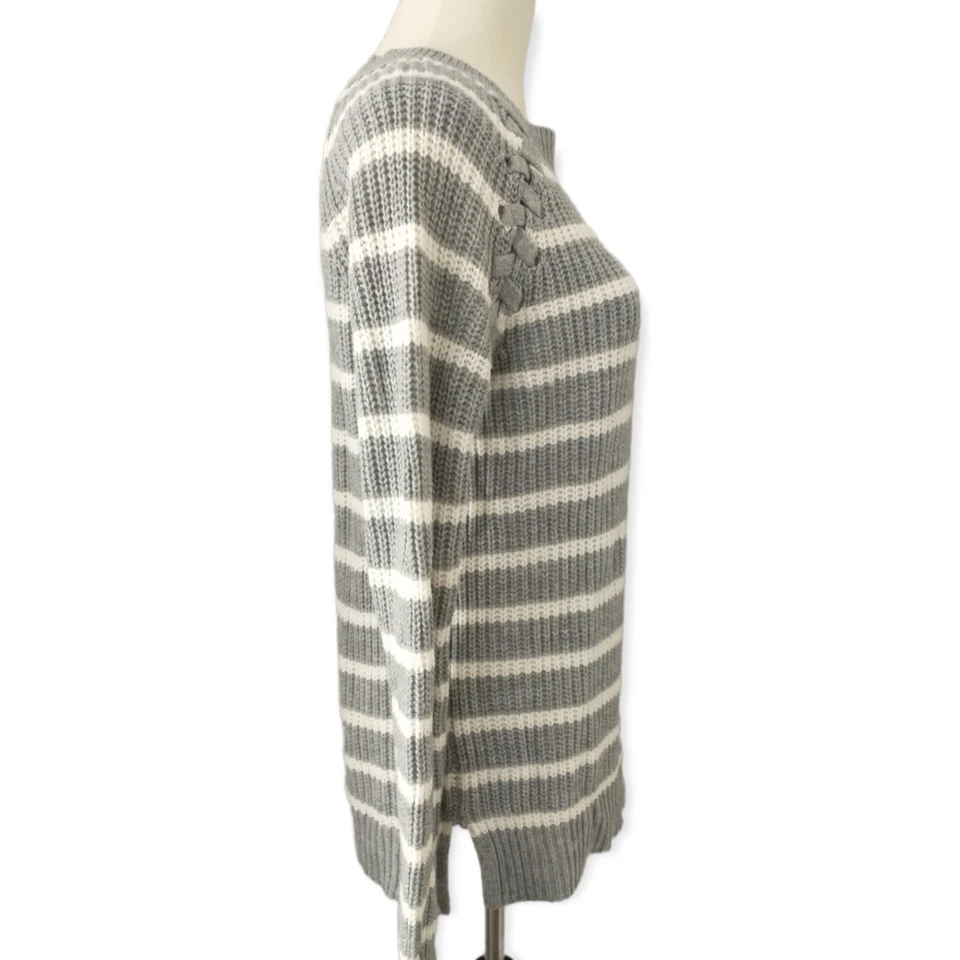 SO Fisherman Sweater M Striped Chunky Lace Up Shoulder Cozy Gray White Relaxed - Image 4 of 4